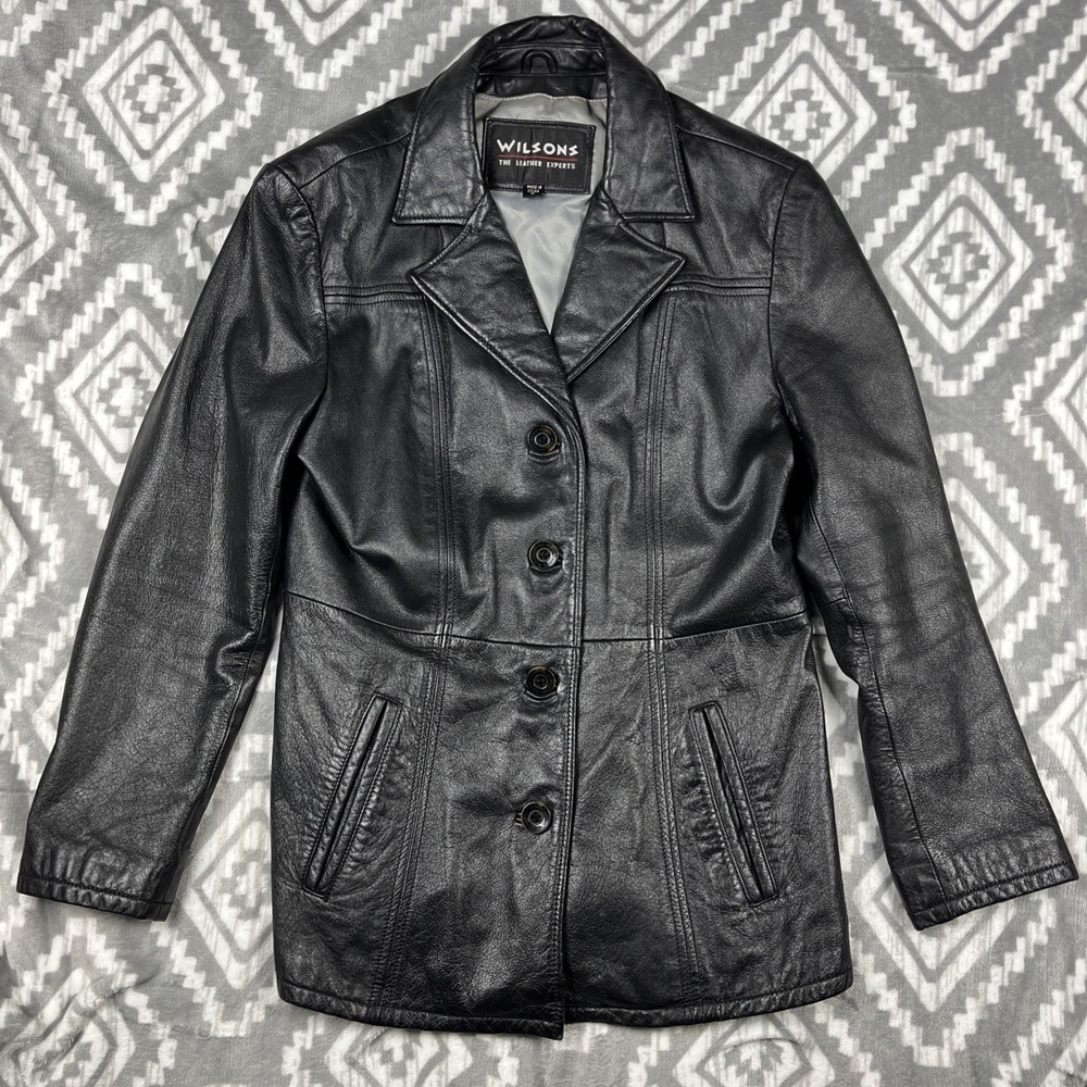 Wilsons‎ Leather Jacket Womens Black Medium VTG 90s Button Front Pockets